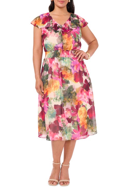 Watercolor Floral Smocked Waist Midi Dress (Plus)