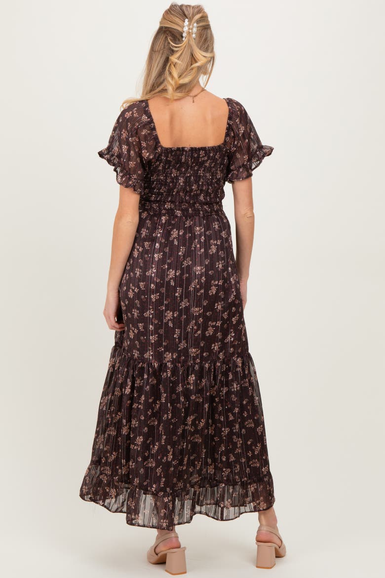 Floral Stripe Twist Front Cutout Maxi Dress, Alternate, color, Brown