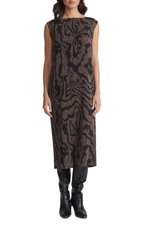 Wood Grooves Pleated Lace Midi Dress