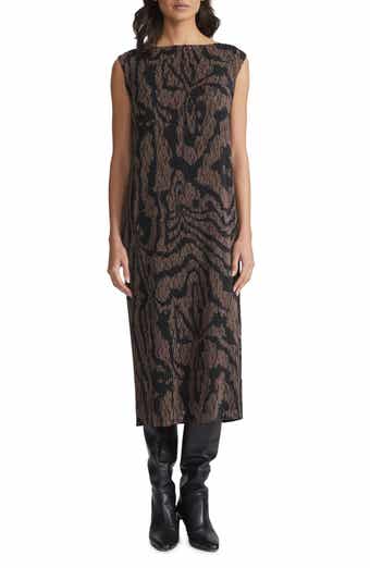 Wood Grooves Pleated Lace Midi Dress