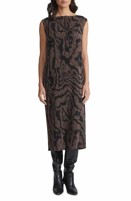Wood Grooves Pleated Lace Midi Dress