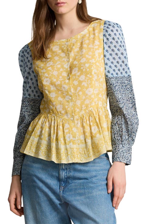 Patchwork Long Sleeve Button-Up Peplum Top