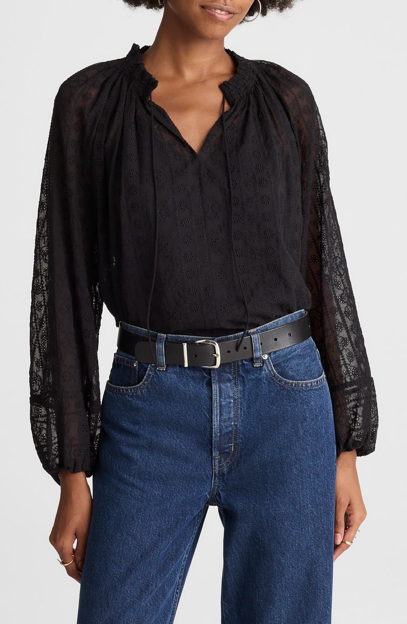 Madewell Embroidered Tie Neck Long Sleeve Top