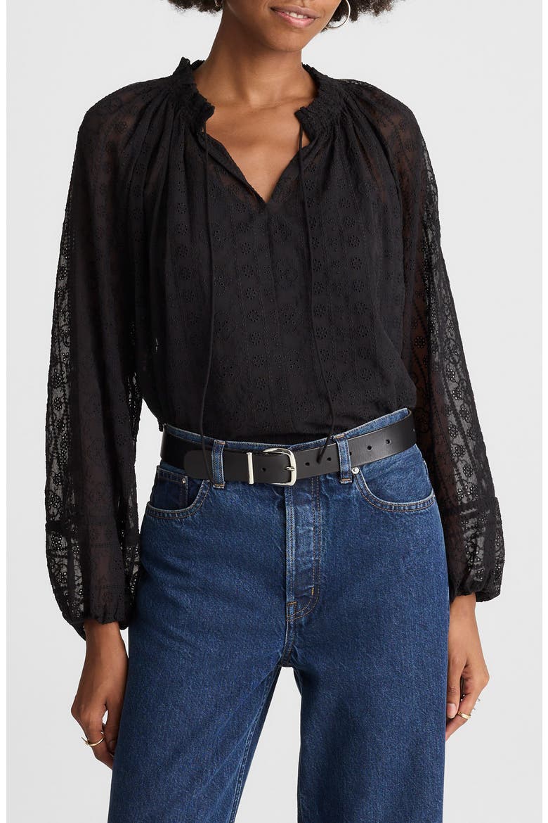 Embroidered Tie Neck Long Sleeve Top, Main, color, JET BLACK