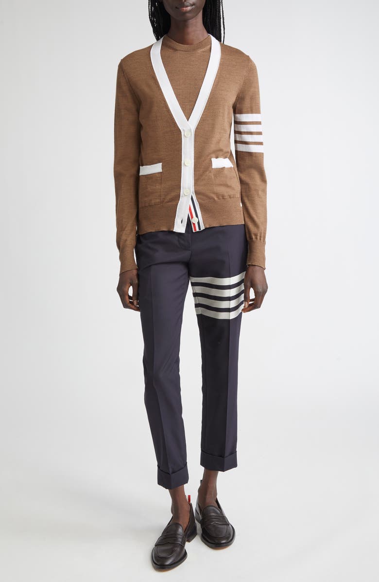Thom Browne 4-Bar Relaxed Fit V-Neck Virgin Wool Cardigan, Alternate, color, Walnut