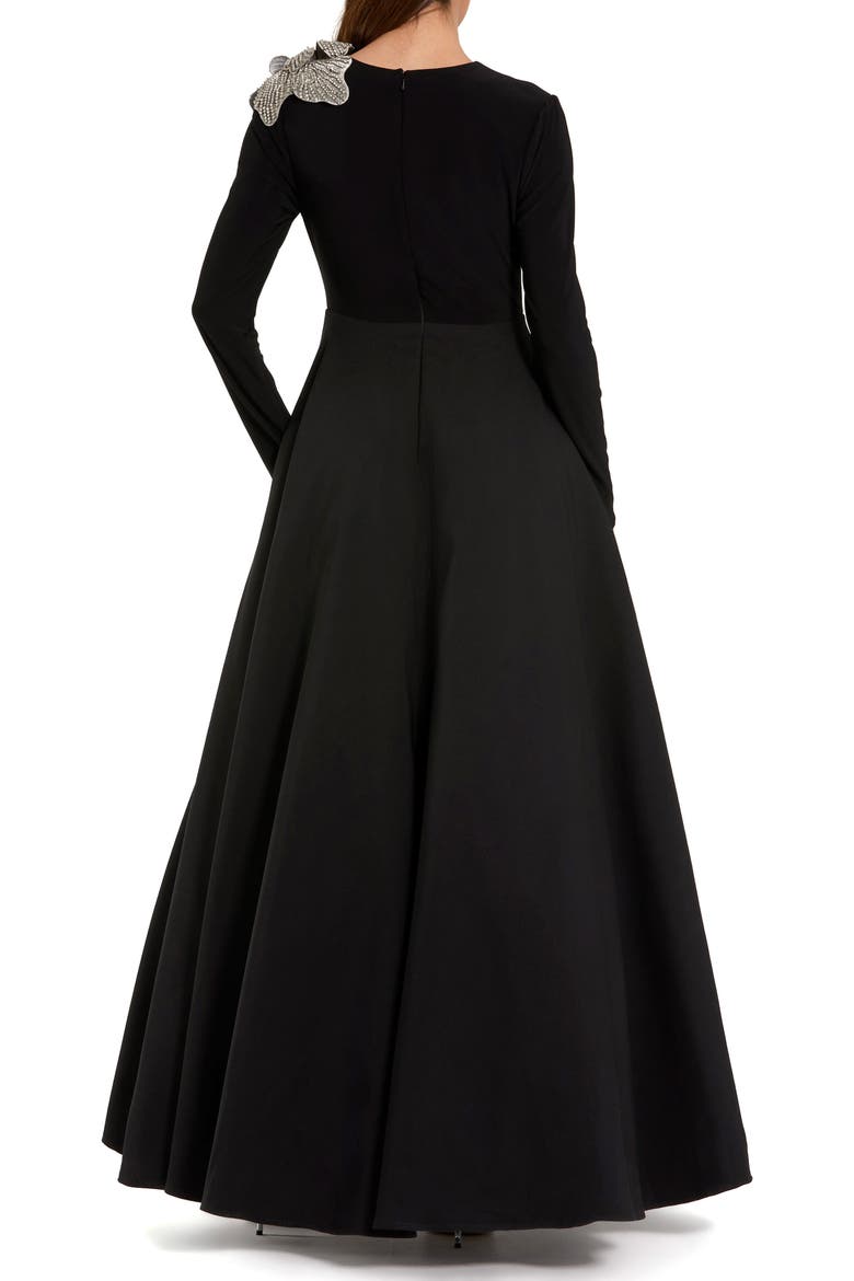 Petite Long Sleeve Taffeta 3D Flower Ball Gown, Alternate, color, Black