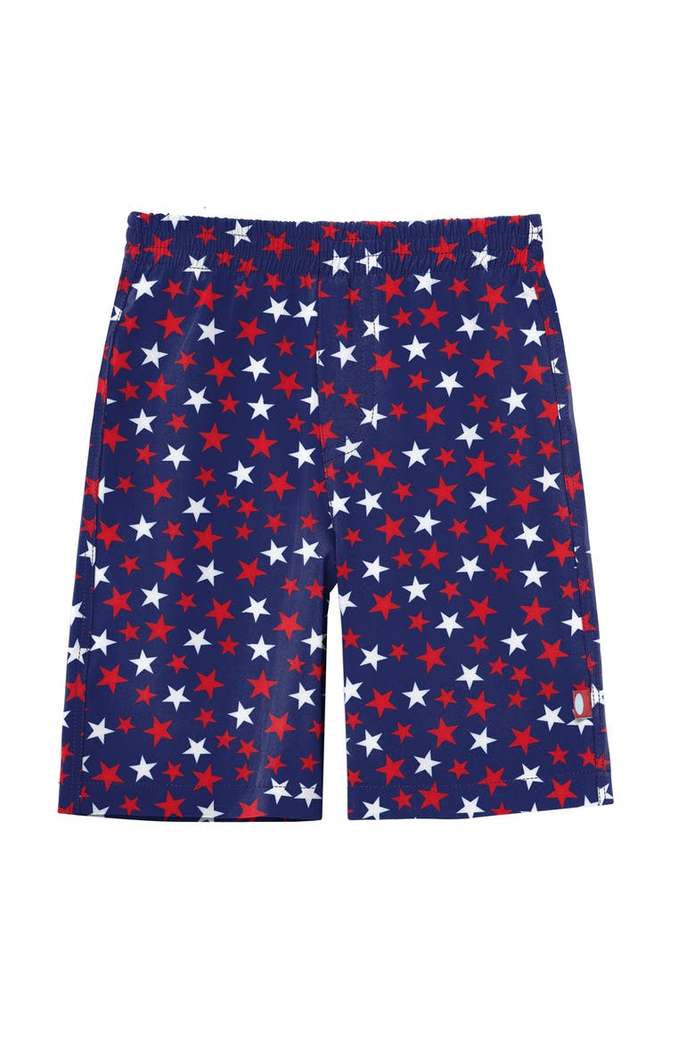 Baby Boys Soft Stretch UPF 50+ Recycled Polyester Below-the-Knee Printed Swim Board Shorts, Main, color, USA Stars