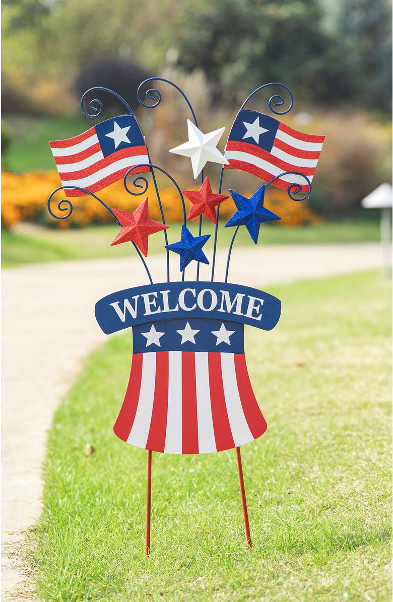 Glitzhome Wooden Metal Patriotic Flags Yard Stake or Wall Decor, Alternate, color, 