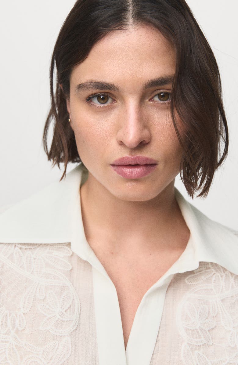 MANGO Lace Patch Long Sleeve Button-Up Shirt, Alternate, color, Off White