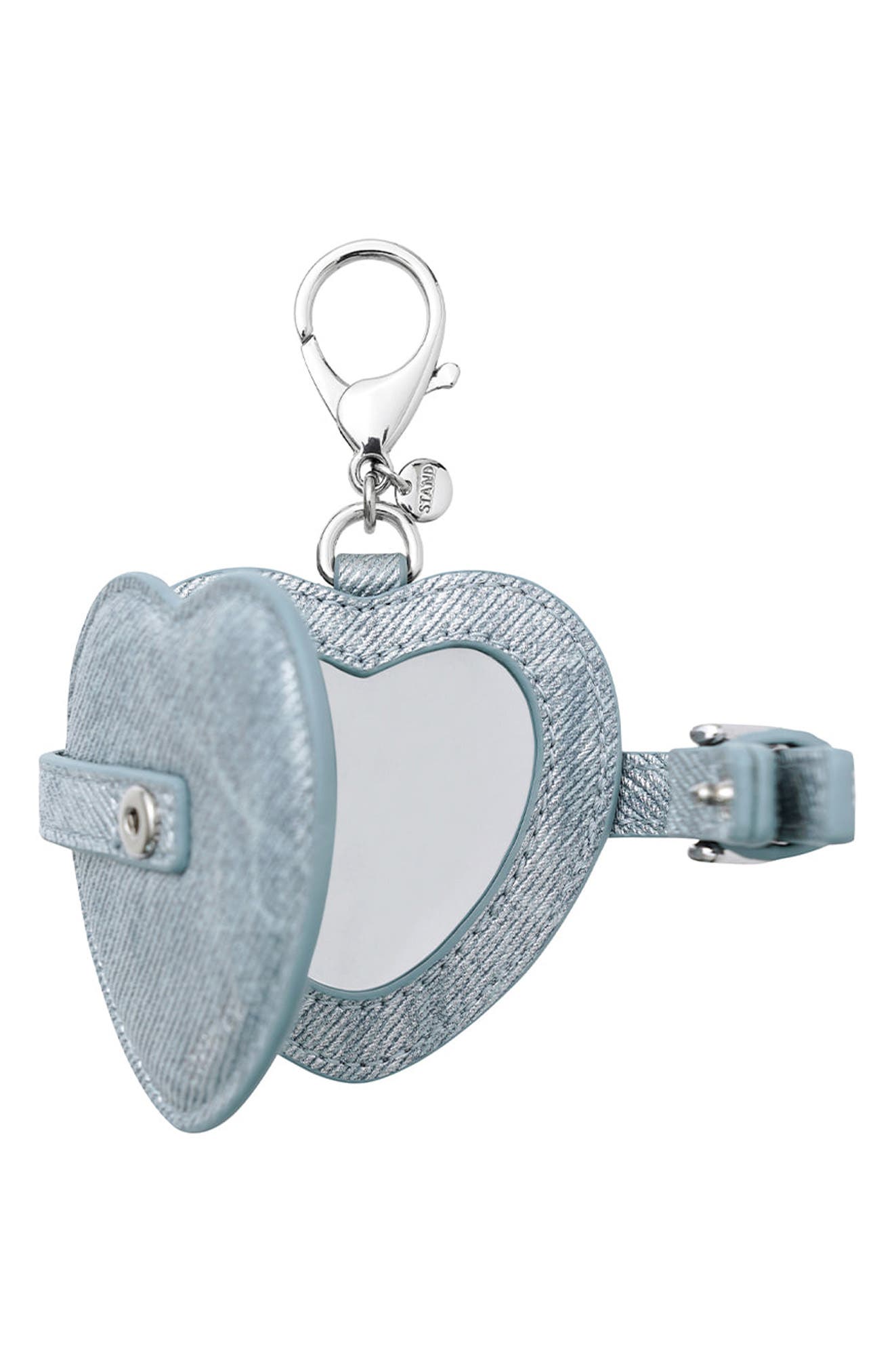 Stand Oil Belted Heart Mirror Faux Leather Key Ring Bag Charm, Alternate, color, Silver Denim