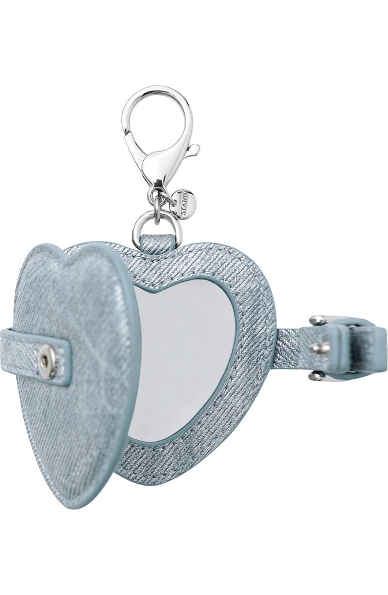 Stand Oil Belted Heart Mirror Faux Leather Key Ring Bag Charm, Alternate, color, Silver Denim