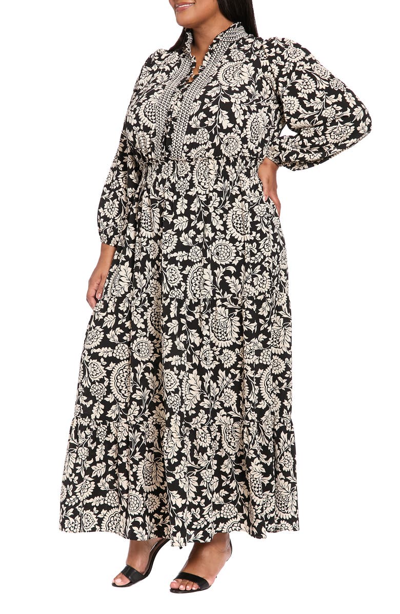 London Times Long Sleeve Tiered Maxi Dress, Alternate, color, Black/ Bone