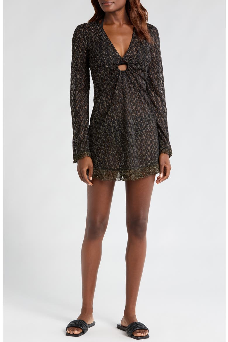 Cassie Zigzag Long Sleeve Knit Cover-Up Dress, Main, color, BLACK/ GOLD ZIG ZAG