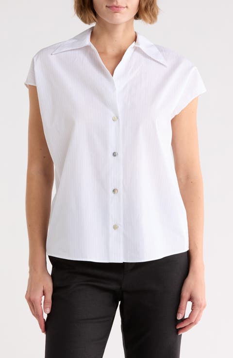 Stripe Cap Sleeve Button-Up Shirt