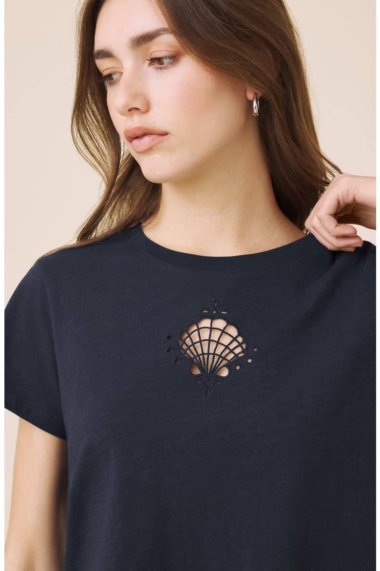 Embroidered Cutwork Seashell Cotton T-Shirt, Alternate, color, NAVY BLUE