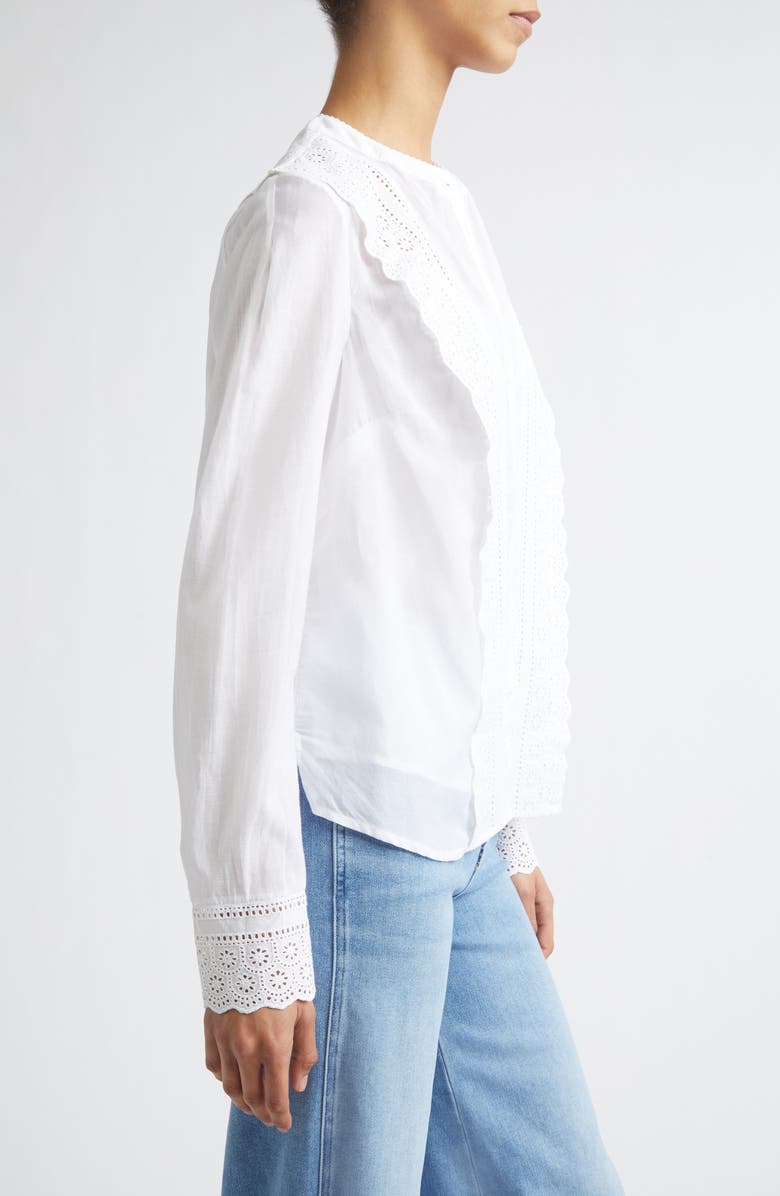 Veronica Beard Clermont Eyelet Ruffle Detail Cotton Blend Button-Up Shirt, Alternate, color, White