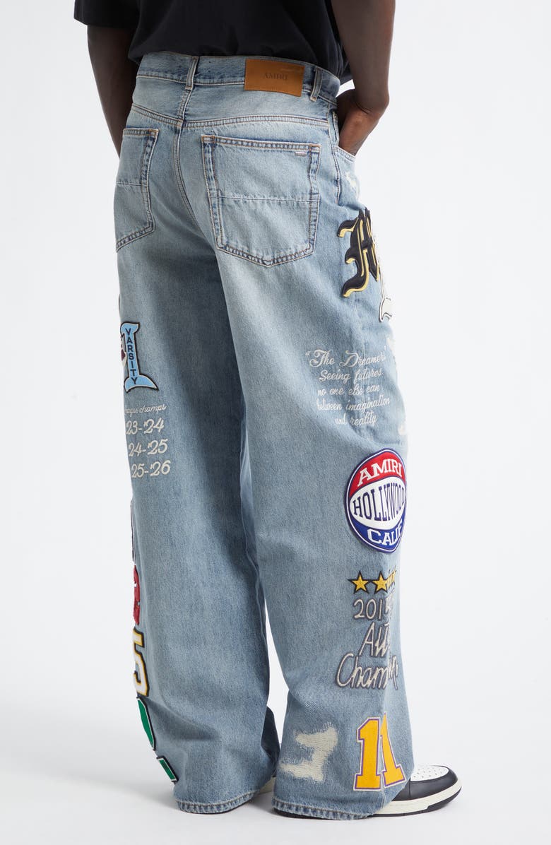 AMIRI Varsity Patch Distressed Jeans, Alternate, color, Antique Indigo
