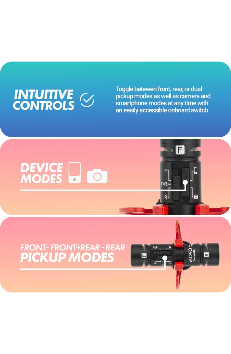 MOVO DoubleMic V2 Two-Sided Shotgun Mic for Camera Vlogging - Dual Capsule External Microphone for iPhone, Android, Smartphones and DSLR Camcorders, Alternate, color, Black