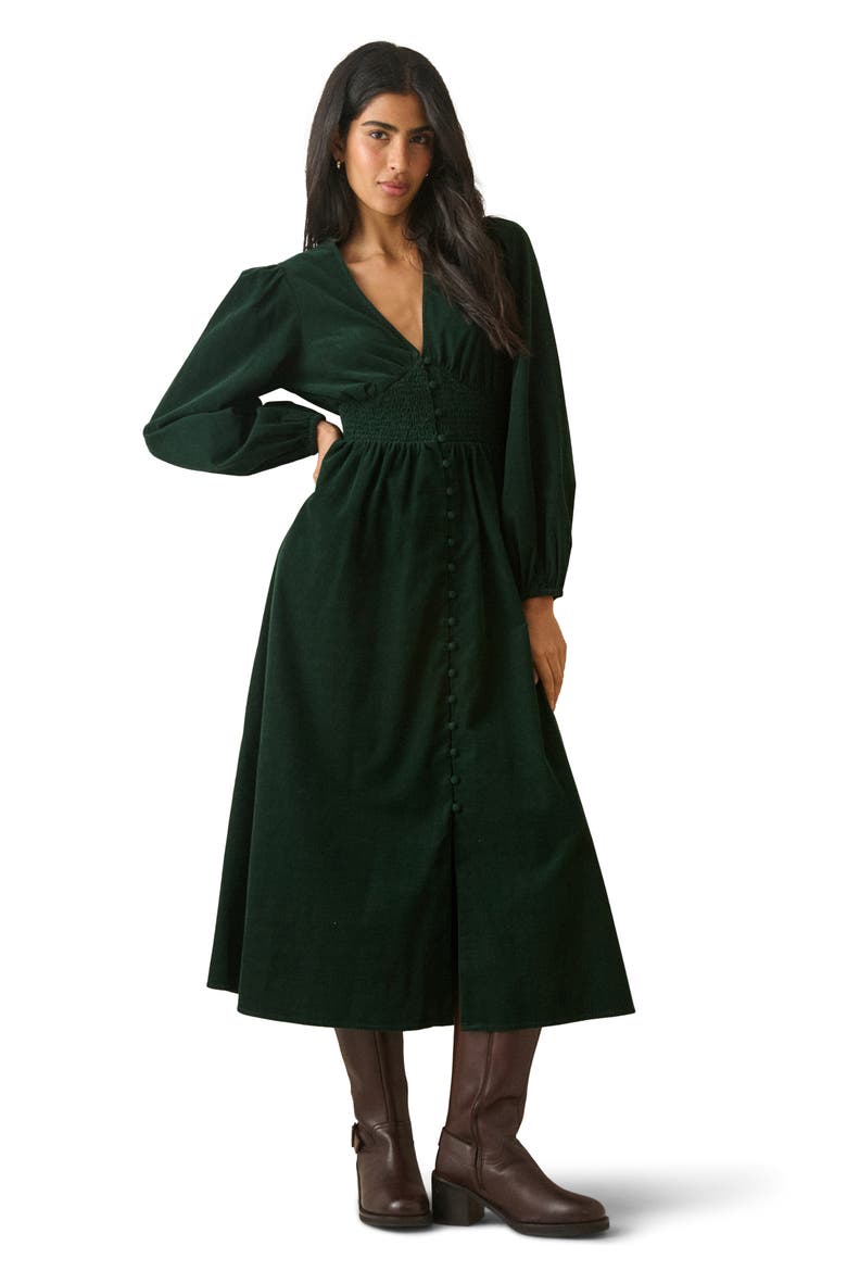 Riley Shirred Waist Corduroy Midi Dress, Alternate, color, GREEN