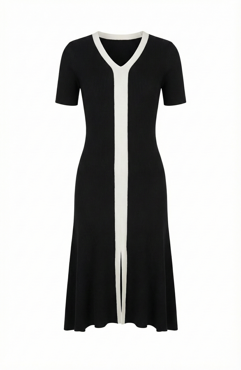 Modenaire Ribbed Knit Contrast Placket Midi Dress, Alternate, color, Black