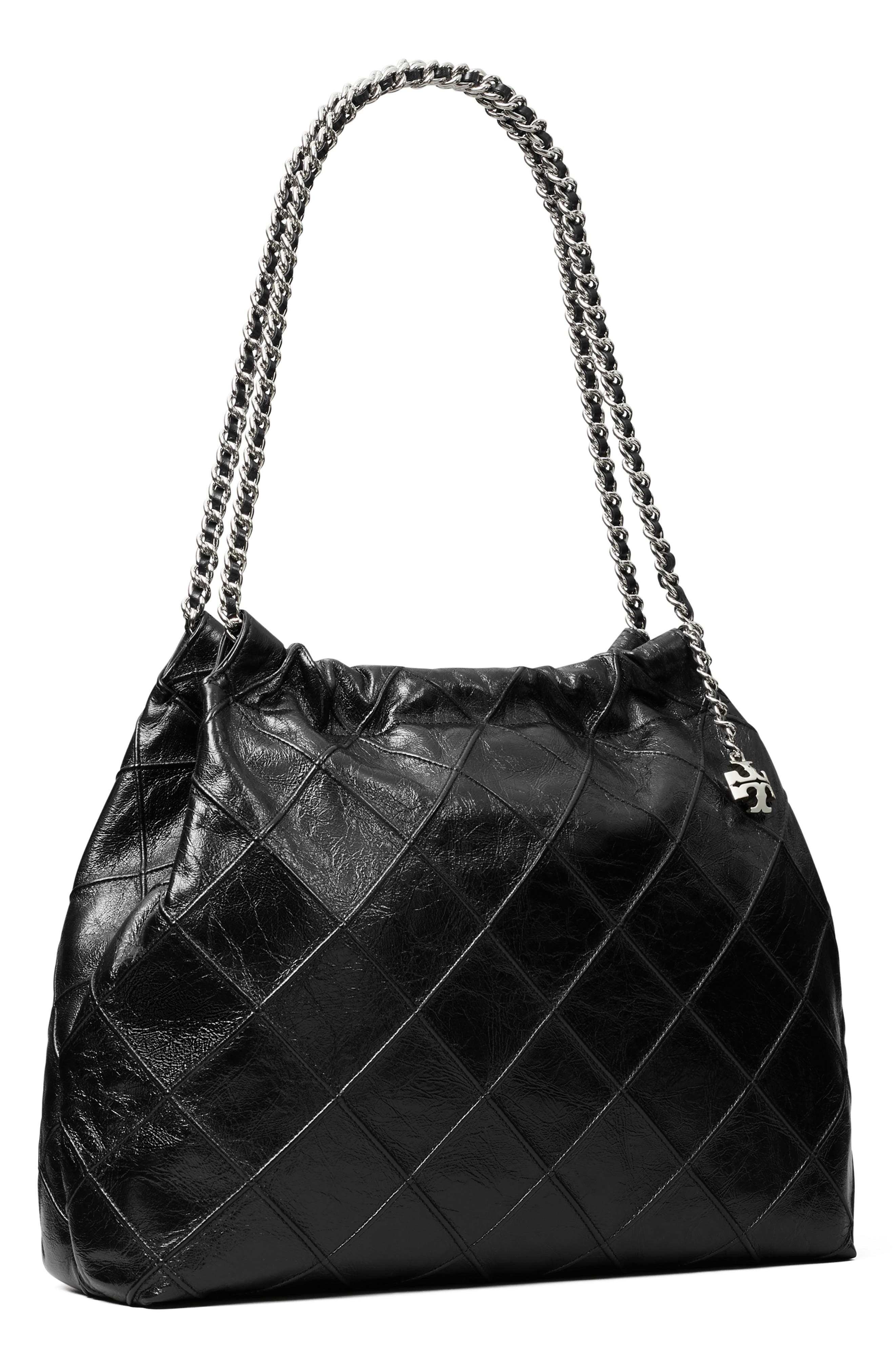 Tory Burch Fleming Distressed Quilted Leather Hobo Bag, Alternate, color, Black