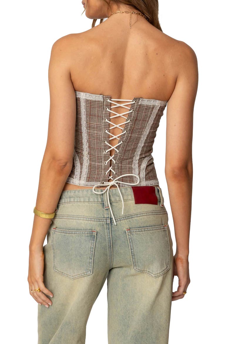 Jaiden Plaid Strpless Corset Top, Alternate, color, BROWN