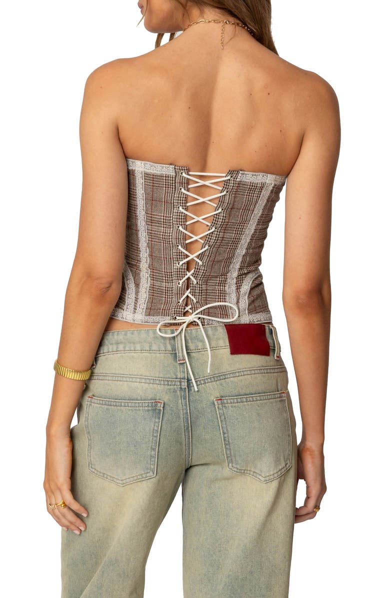 EDIKTED Jaiden Plaid Strpless Corset Top, Alternate, color, Brown