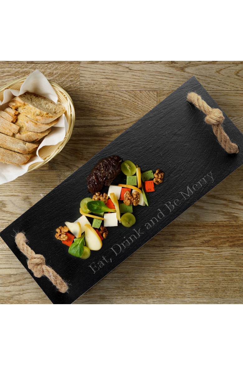 Rectangular Slate Stone Serving Tray With Jute Rope Handles, Alternate, color, Black