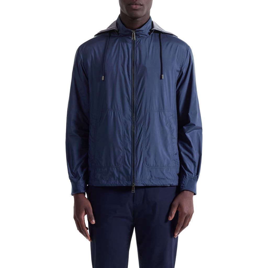 Bugatchi Water Repellent Windbreaker With Removable Drawstring Hood In Blue