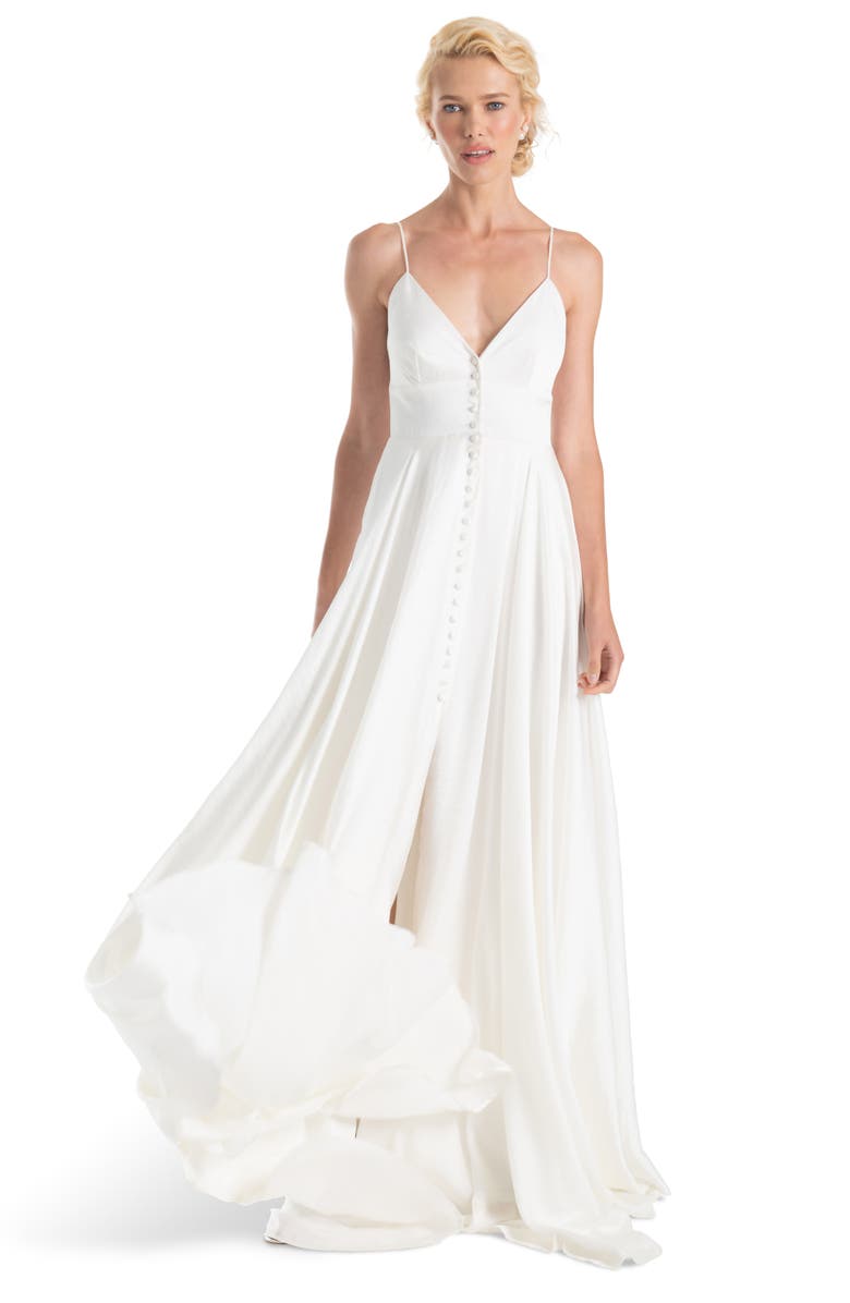 Joanna August Nancy Button Front A-Line Wedding Dress, Alternate, color, 