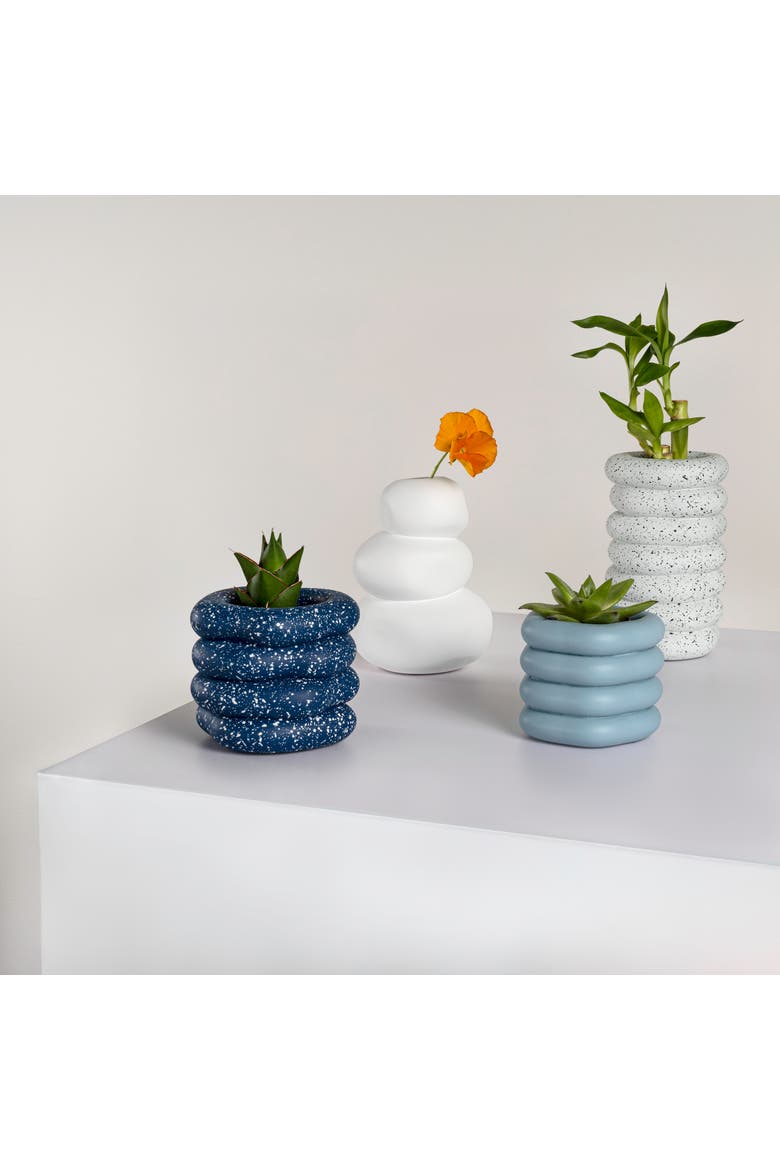 Hollis Modern Minimalist Handmade Concrete Stacked Ring Planter Set with Drainage Holes, Alternate, color, Speckled White