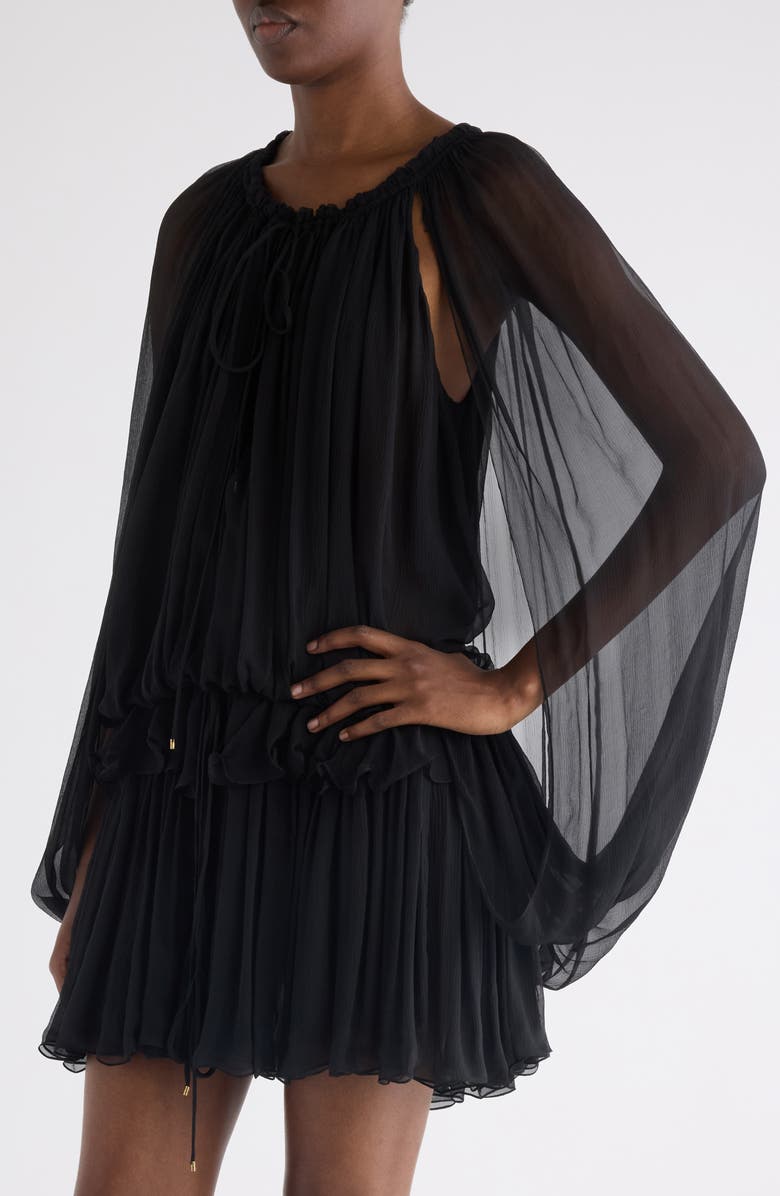 Chloé Long Sleeve Organic Silk Muslin Cape Minidress, Alternate, color, Black