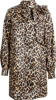 Caslon® Leopard Print Long Sleeve Tie Neck Shift Dress