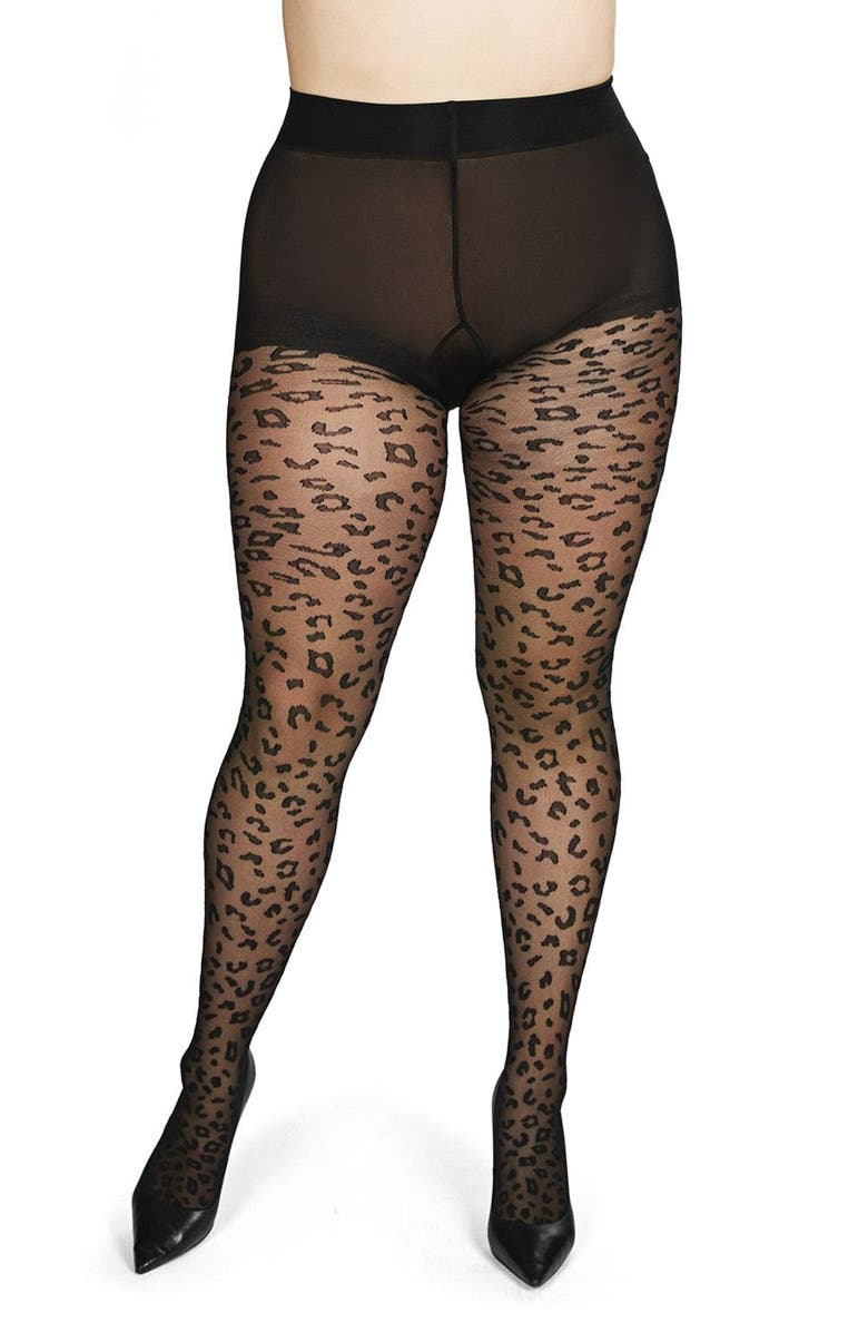 MeMoi Leopard Sheer Tights, Alternate, color, Black