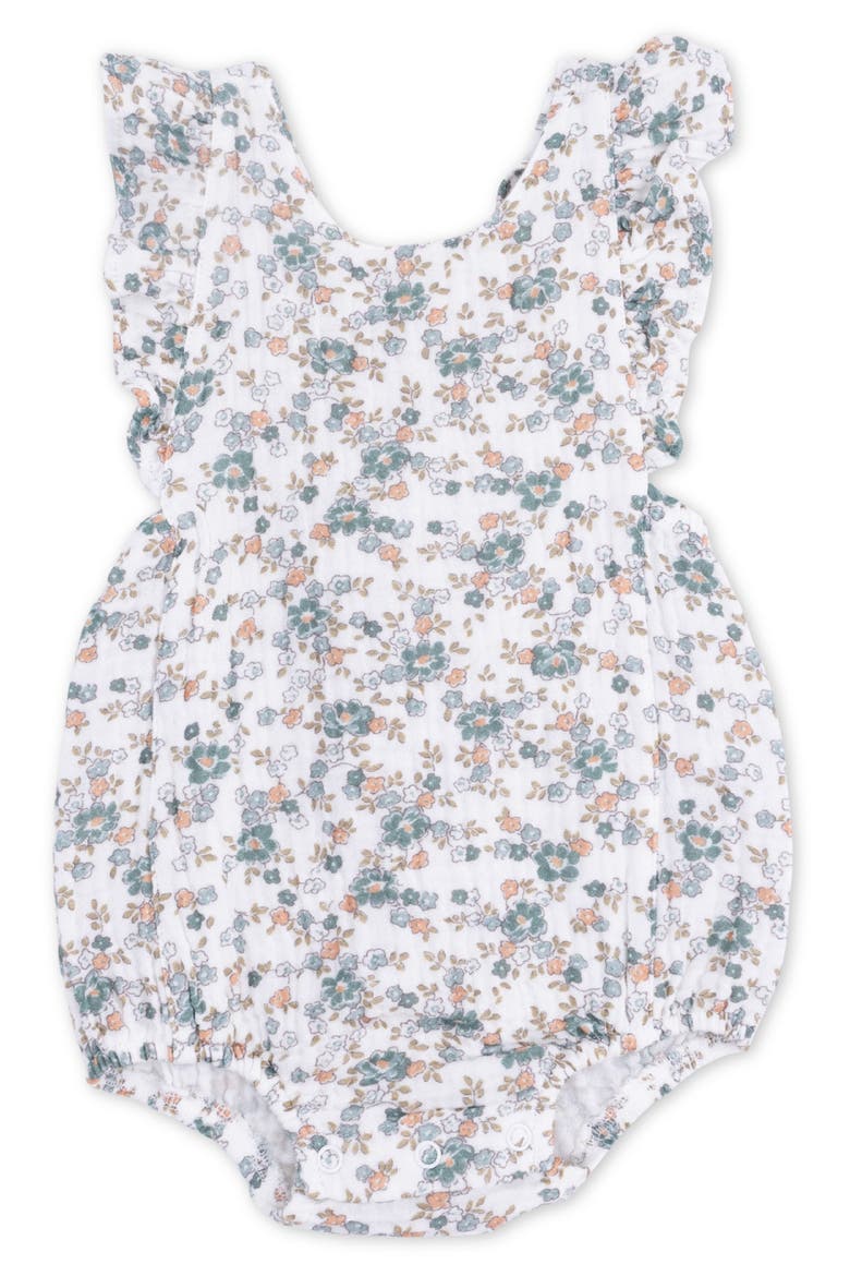 Camille Floral Ruffle Organic Cotton Muslin Romper, Main, color, OFF WHITE GREEN