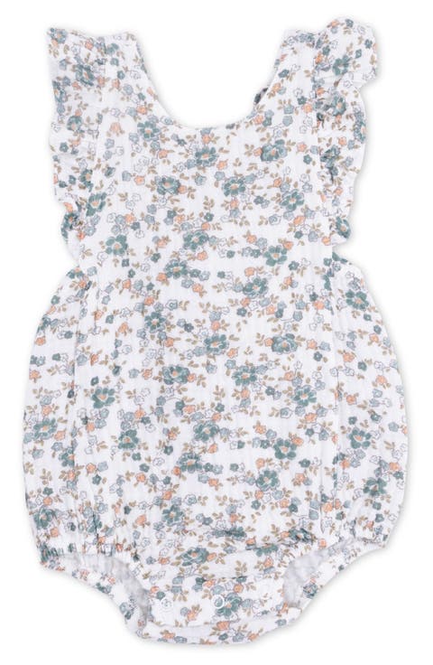 Camille Floral Ruffle Organic Cotton Muslin Romper (Baby)