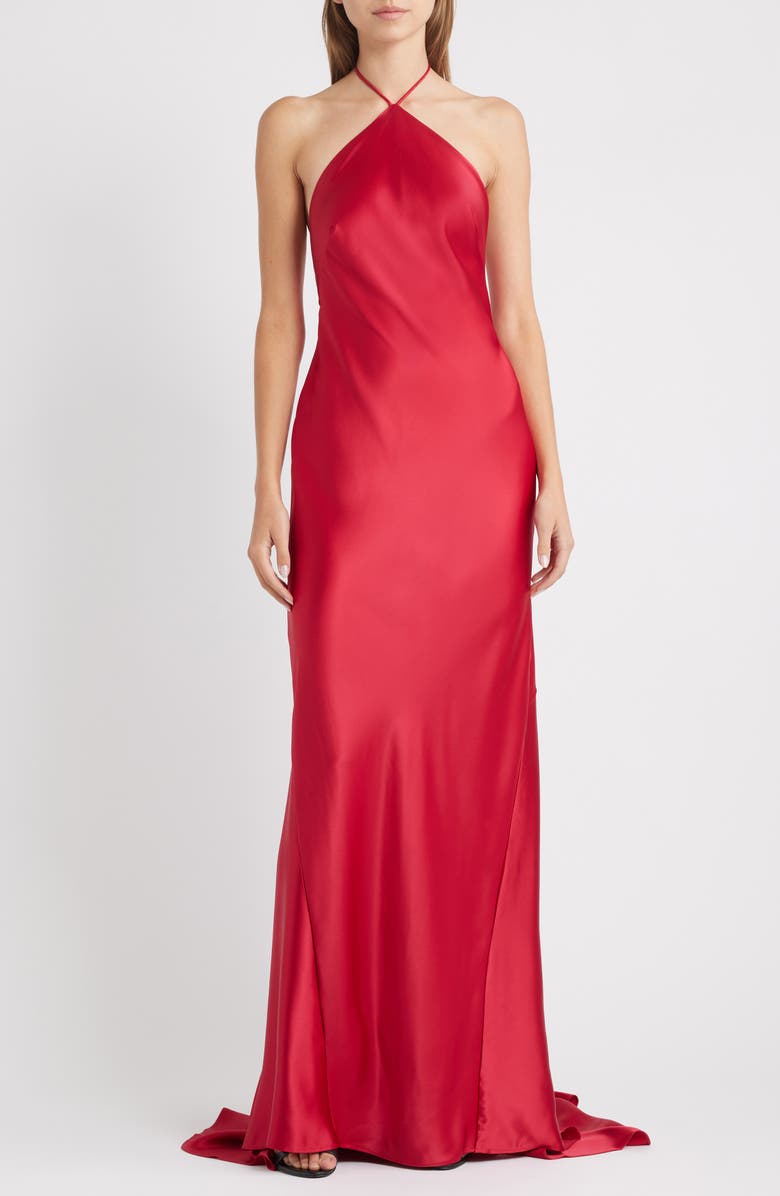 Acler Tarnacre Halter Satin Gown, Main, color, Crimson