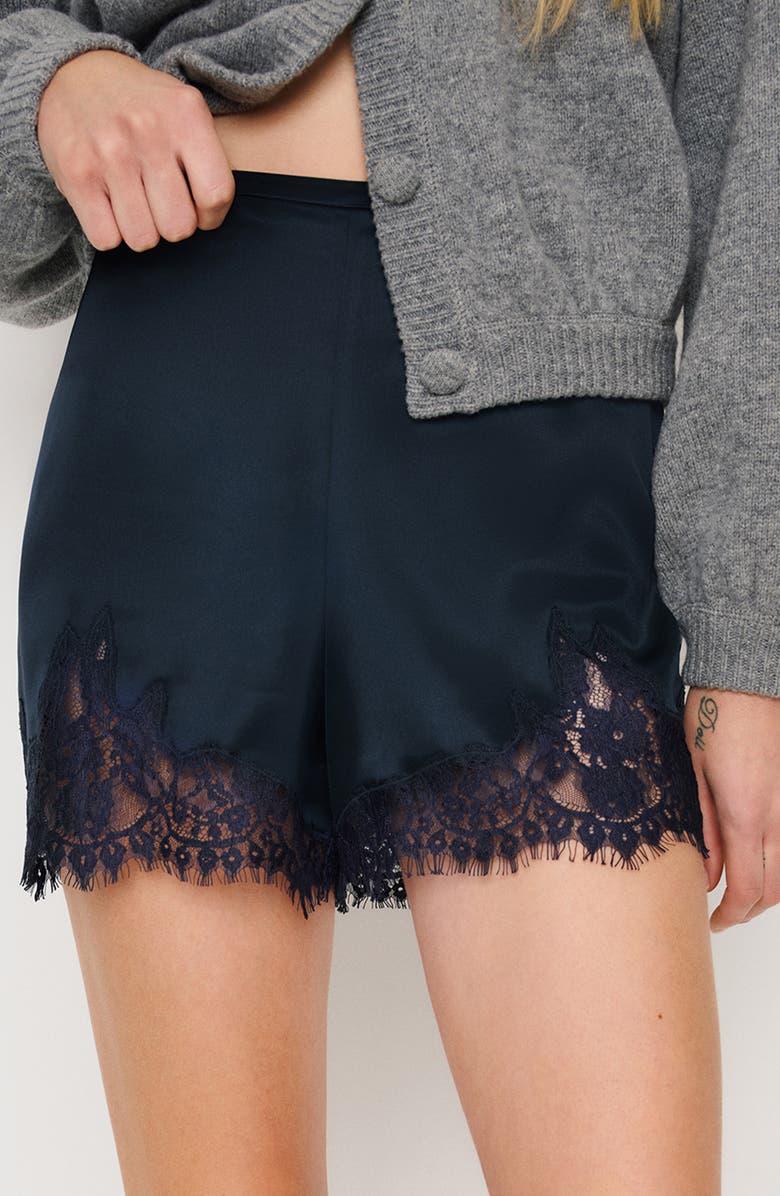 Reformation Fern Lace Trim Satin Shorts, Alternate, color, Midnight