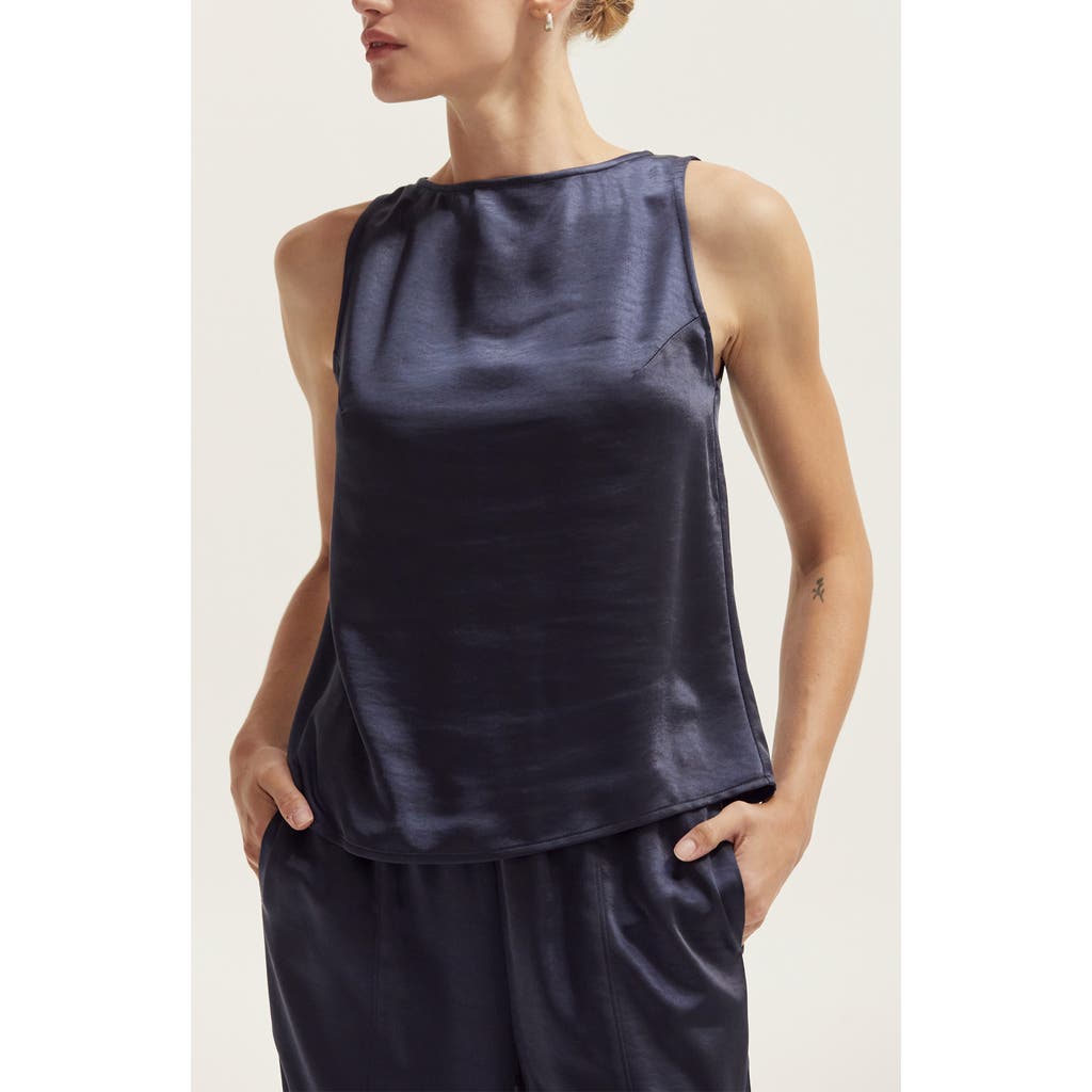 Crescent Crushed Satin Tank Top In Black