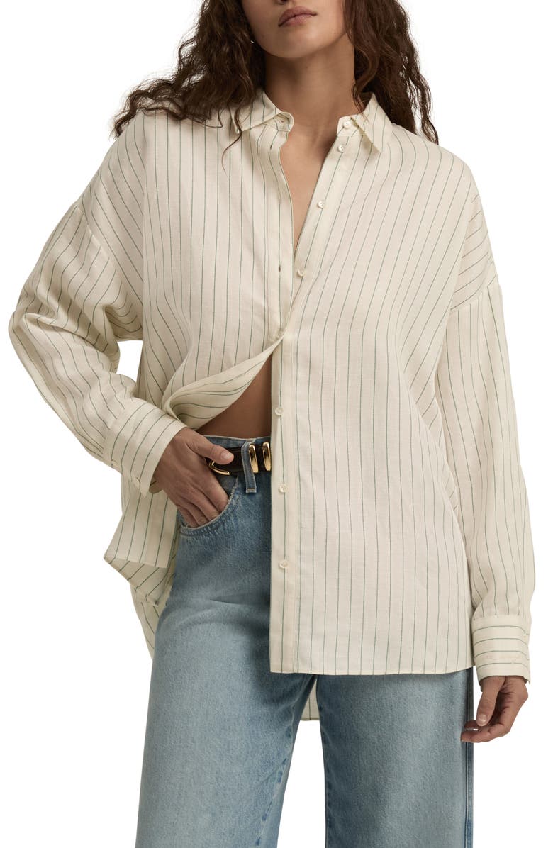 Favorite Daughter Ex Boyfriend Oversize Button-Up Shirt, Main, color, Emerald Stripe