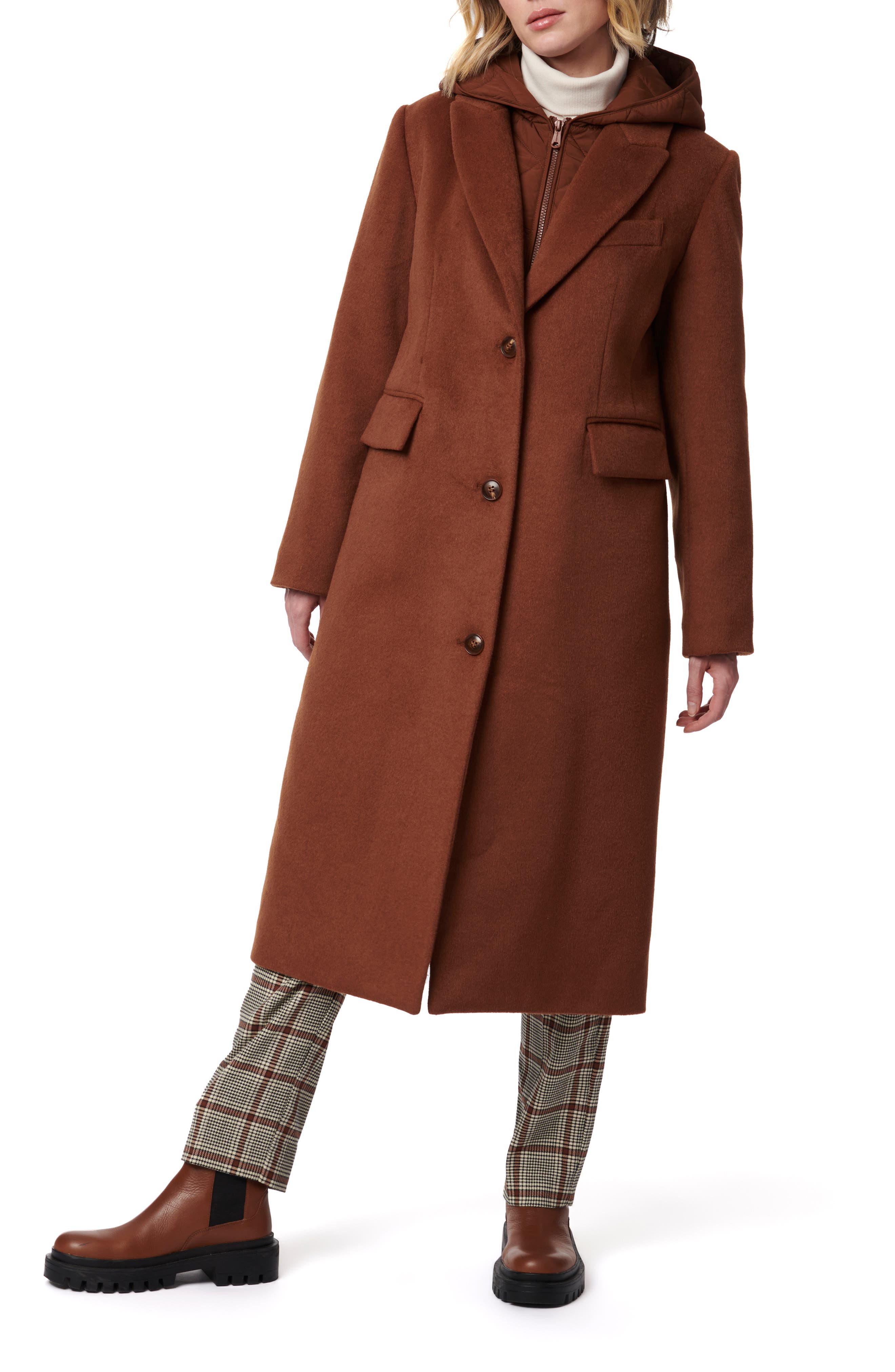 Bernardo Long Coat with Hooded Quilted Bib in Tobacco 