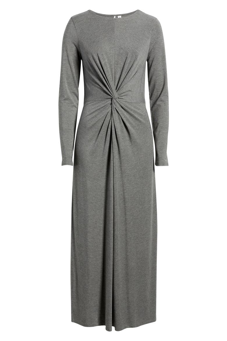 Twist Front Long Sleeve Jersey Maxi Dress, Alternate, color, GREY CHARCOAL HEATHER
