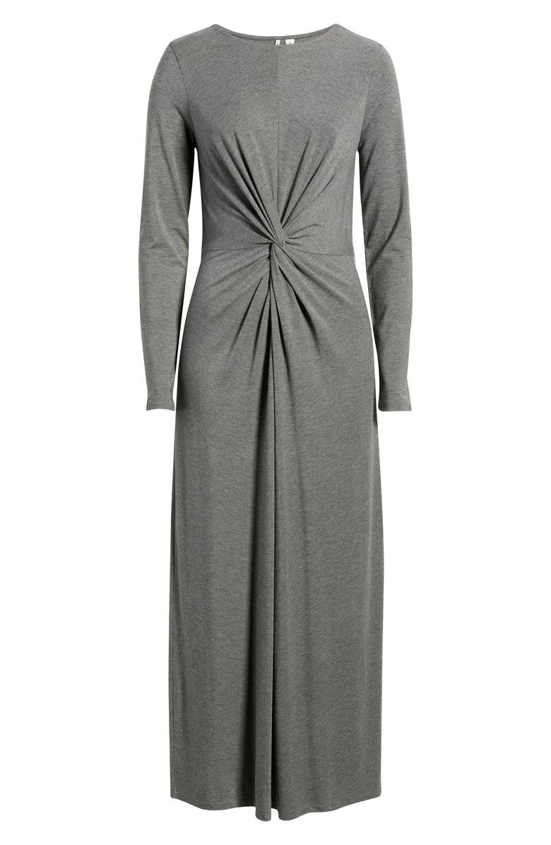 Nordstrom Twist Front Long Sleeve Jersey Maxi Dress, Alternate, color, Grey Charcoal Heather