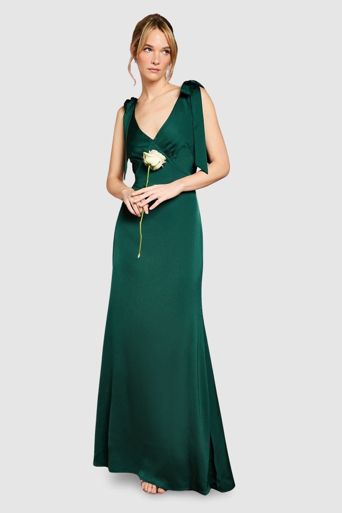 Satin Tie-Shoulder Maxi Dress