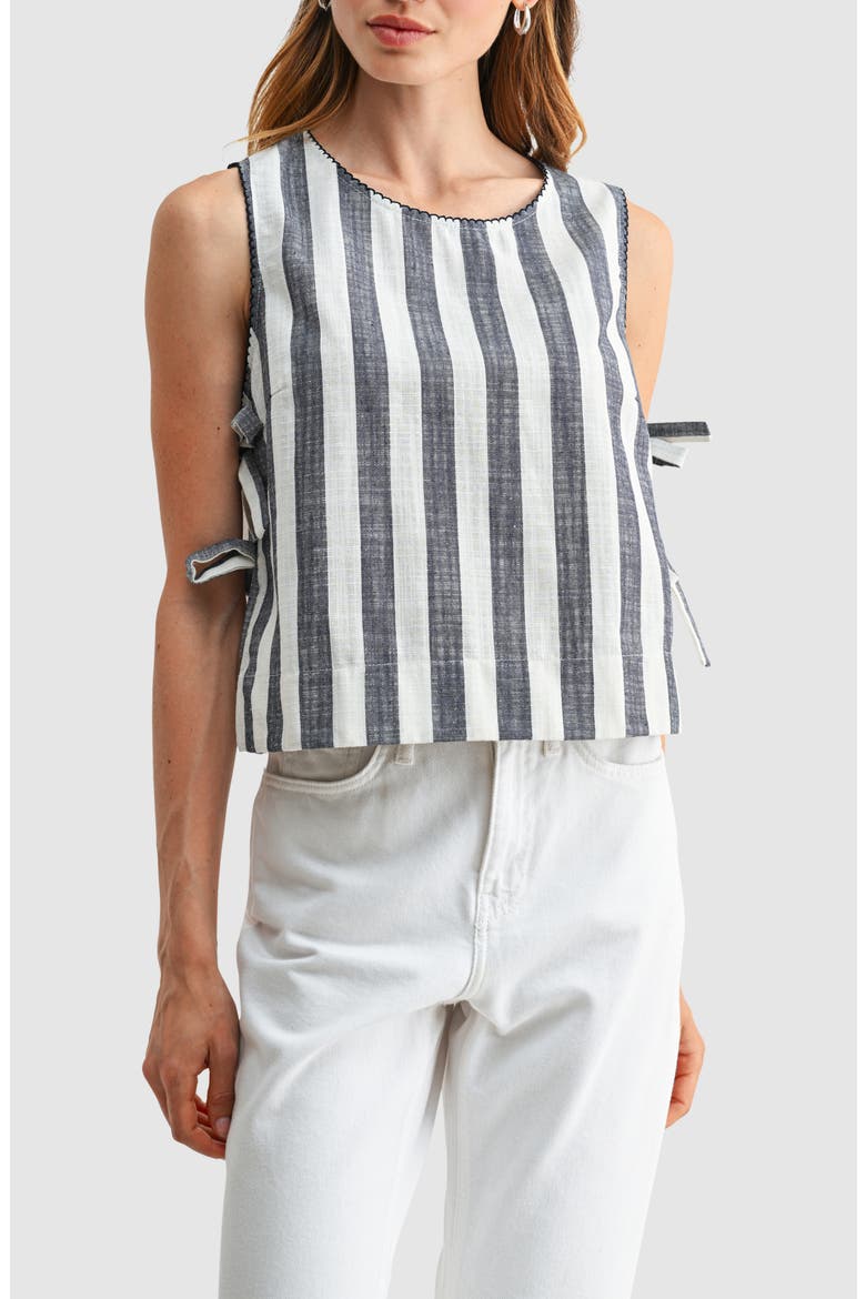 Stripe Side Ties Crop Cotton & Linen Blend Top, Main, color, NAVY STRIPE
