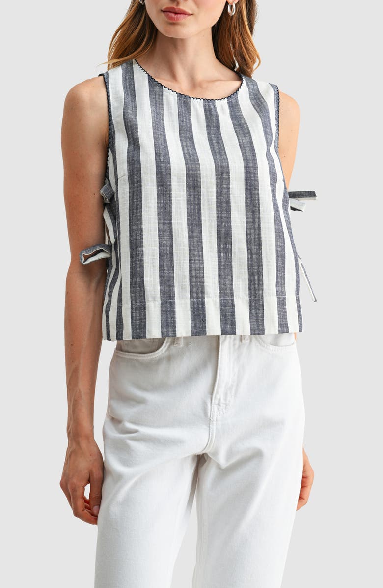 All in Favor <p>Stripe Side Ties Crop Cotton & Linen Blend Top</p>, Main, color, Navy Stripe