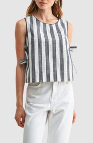 All in Favor <p>Stripe Side Ties Crop Cotton & Linen Blend Top</p>