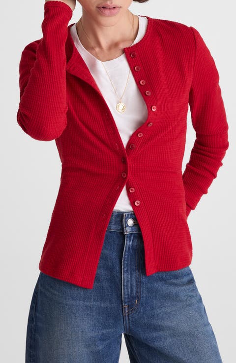 Waffle Knit Cutaway Crewneck Cardigan
