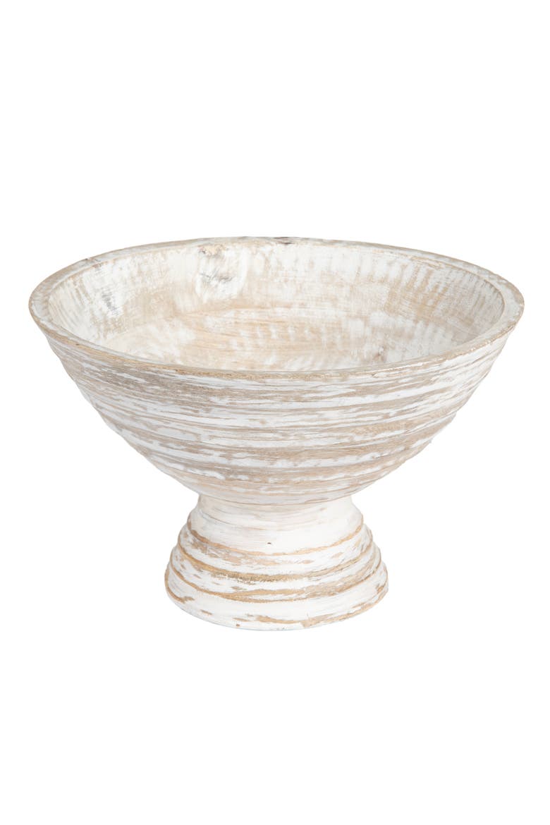 Boho Wood Pedestal Serving Bowl, White Wash Finish, Main, color, White