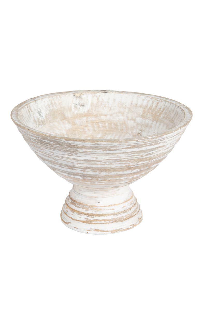 Storied Home Boho Wood Pedestal Serving Bowl, White Wash Finish, Main, color, White